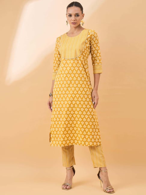 Winza Designer Yellow Cotton Printed Kurta Pant Set