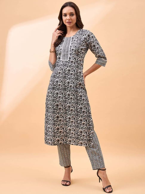 Winza Designer Black Cotton Printed Kurta Pant Set