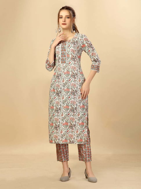 Winza Designer White Cotton Printed Kurta Pant Set