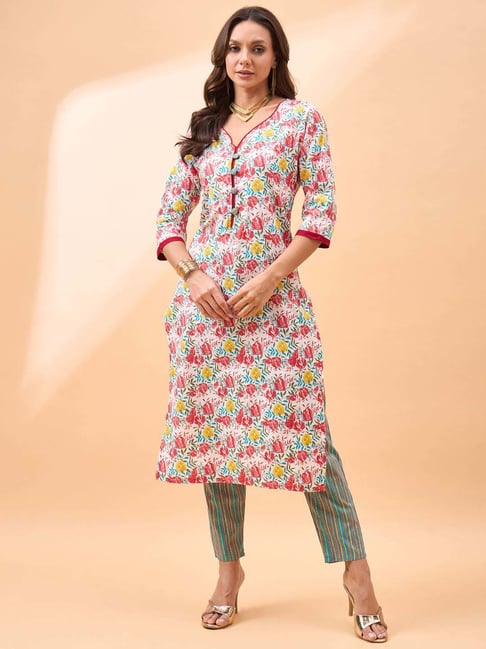 Winza Designer White & Green Cotton Printed Kurta Pant Set
