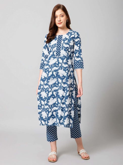 Winza Designer Blue Cotton Printed Kurta Pant Set