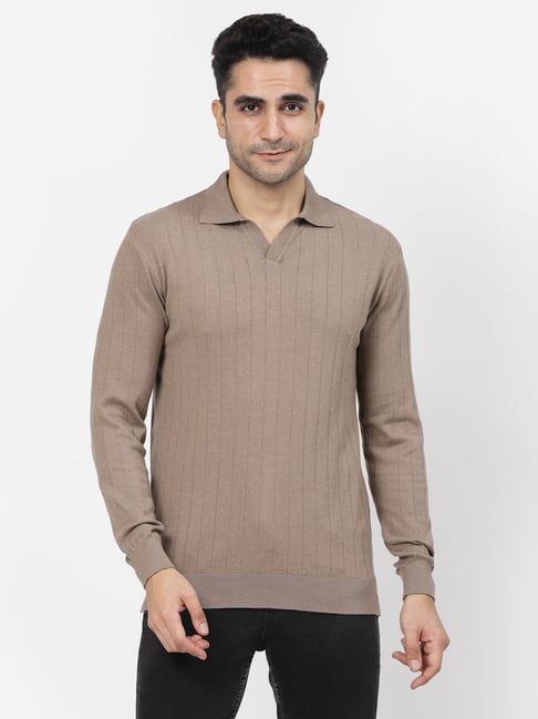 Kalt Men Full Sleeves Textured Knit Polo Collar T-Shirt