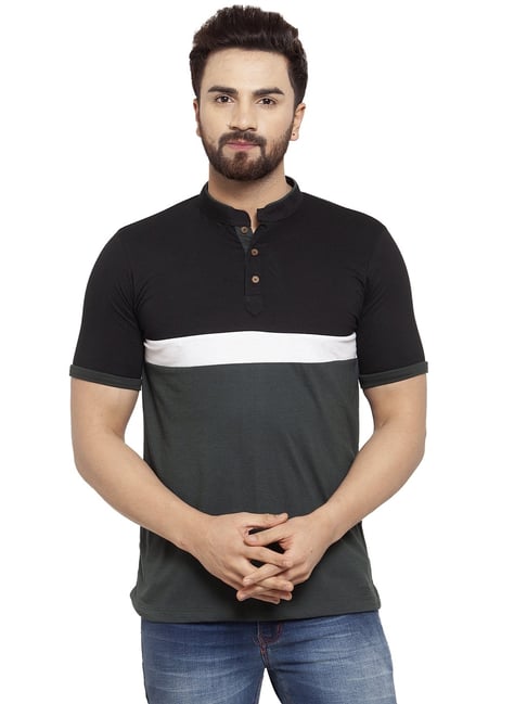 Kalt Men Half Sleeves Mandarin Collar Cotton Blend Stripe T-shirt-picture-21