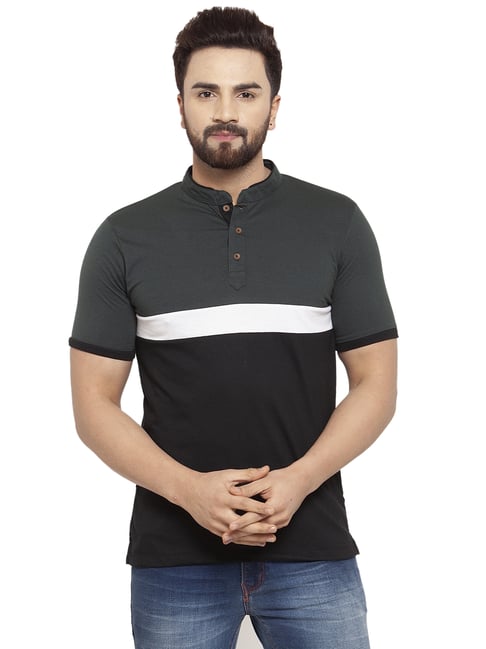 Kalt Men Half Sleeves Mandarin Collar Cotton Blend Stripe T-shirt-picture-19