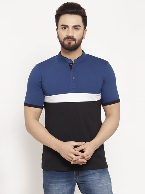 Kalt Men Half Sleeves Mandarin Collar Cotton Blend Stripe T-shirt-picture-28