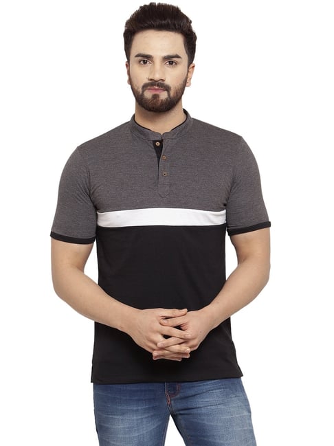 Kalt Men Half Sleeves Mandarin Collar Cotton Blend Stripe T-shirt-picture-20