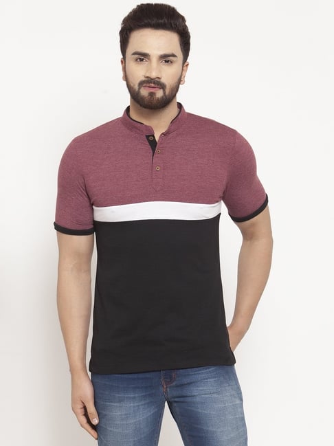 Kalt Men Half Sleeves Mandarin Collar Cotton Blend Stripe T-shirt-picture-14