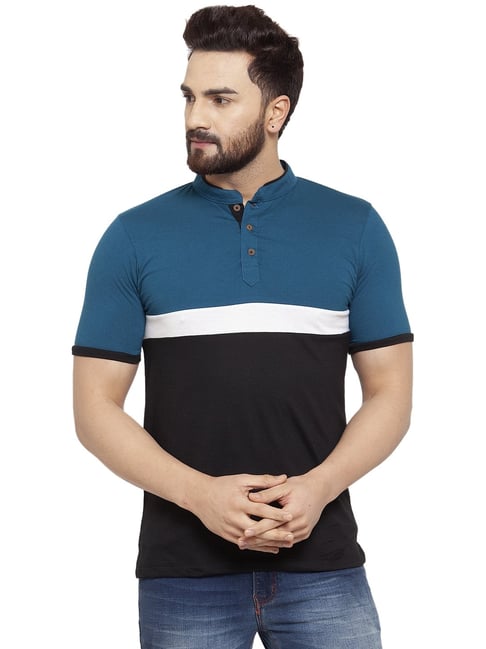 Kalt Men Half Sleeves Mandarin Collar Cotton Blend Stripe T-shirt-picture-27