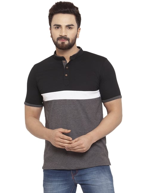 Kalt Men Half Sleeves Mandarin Collar Cotton Blend Stripe T-shirt-picture-25