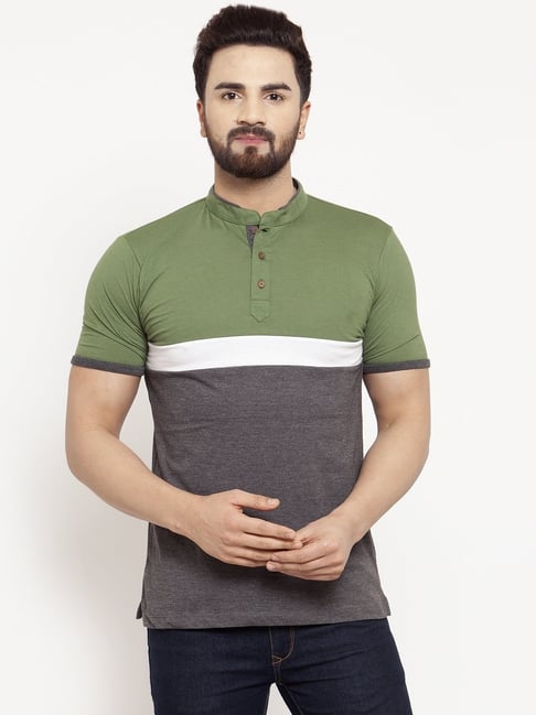 Kalt Men Half Sleeves Mandarin Collar Cotton Blend Stripe T-shirt-picture-16