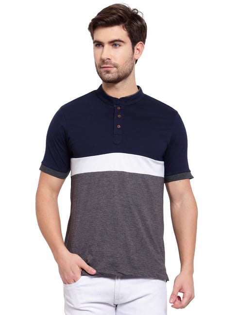 Kalt Men Half Sleeves Mandarin Collar Cotton Blend Stripe T-shirt-picture-21