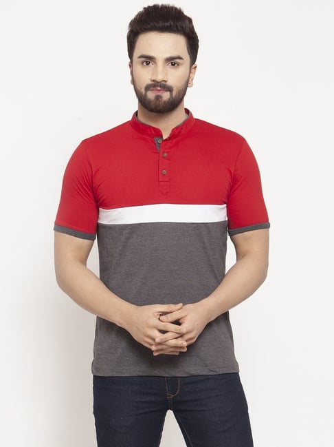 Kalt Men Half Sleeves Mandarin Collar Cotton Blend Stripe T-shirt-picture-22