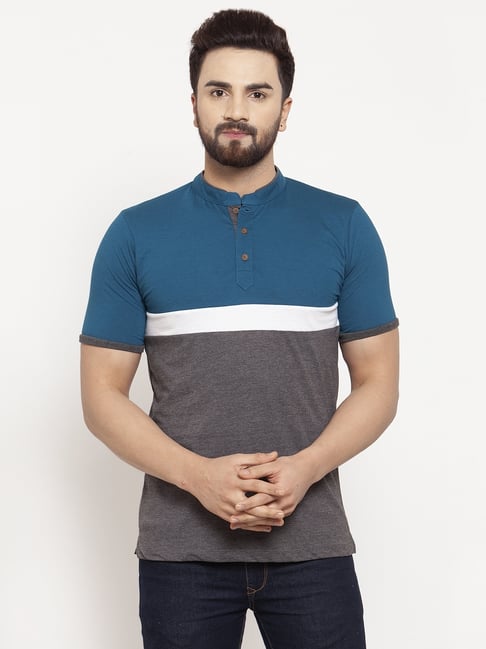 Kalt Men Half Sleeves Mandarin Collar Cotton Blend Stripe T-shirt-picture-24