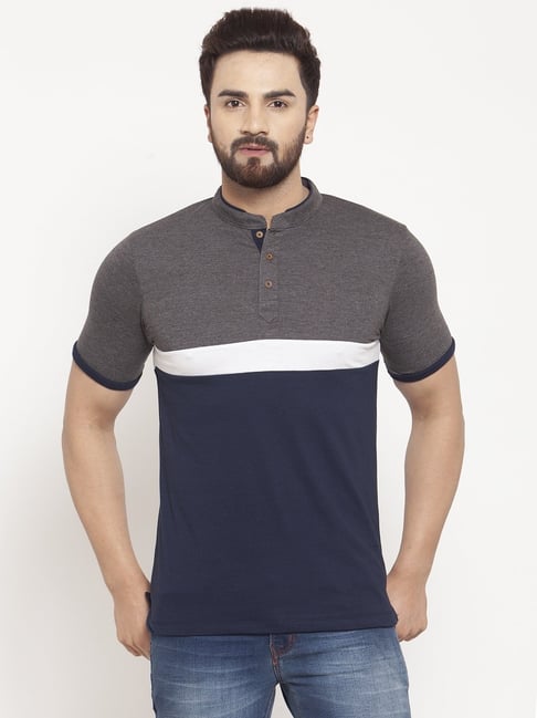 Kalt Men Half Sleeves Mandarin Collar Cotton Blend Stripe T-shirt-picture-23