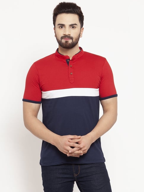 Kalt Men Half Sleeves Mandarin Collar Cotton Blend Stripe T-shirt-picture-30