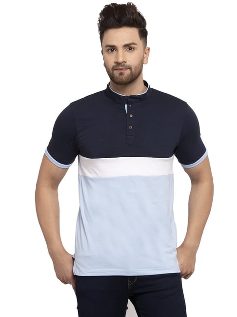 Kalt Men Half Sleeves Mandarin Collar Cotton Blend Stripe T-shirt-picture-26