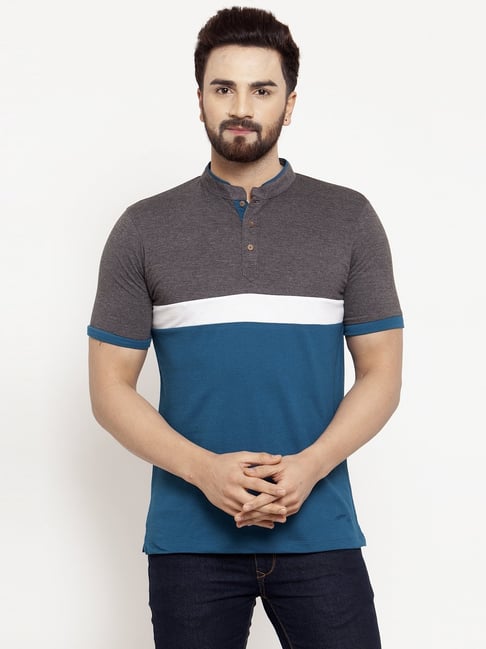 Kalt Men Half Sleeves Mandarin Collar Cotton Blend Stripe T-shirt-picture-15