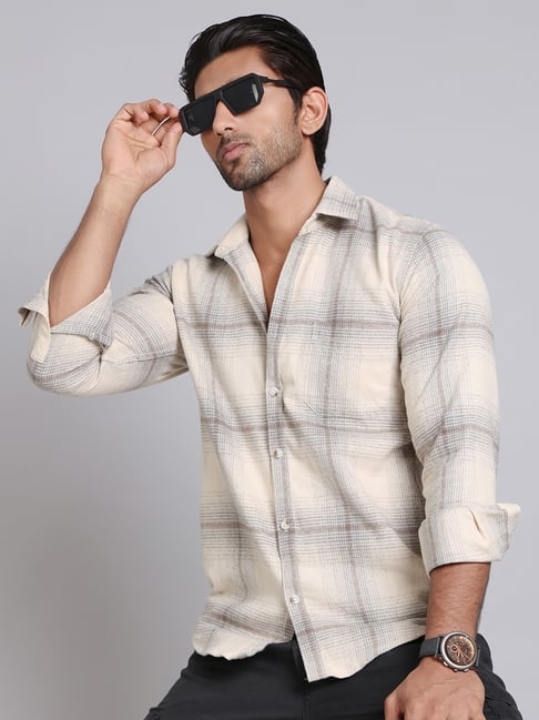 Indian Needle Beige Ragular Fit Checked Casual Shirt