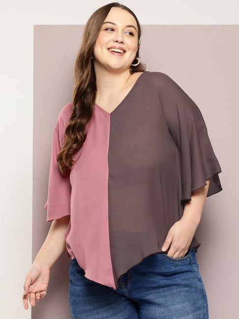 Qurvii Gray Pink Color-Block Top