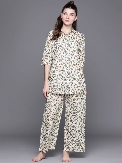 Libas White Floral Print Shirt With Pyjamas