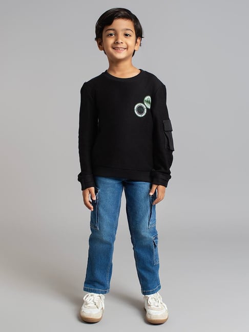 Ed-a-Mamma Boys Black Cotton Printed Sweatshirt