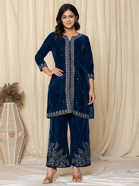 Yufta Blue Embroidered Kurti Palazzo Set