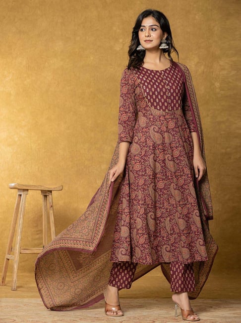 Yufta Maroon Cotton Printed Kurta Pant Set With Dupatta