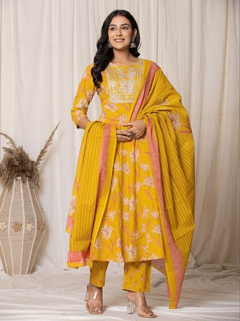 Yufta Mustard Cotton Printed Kurta Pant Set With Dupatta