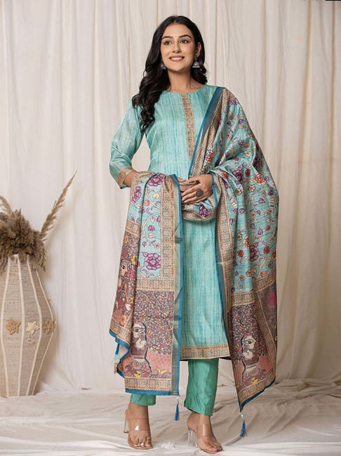 Yufta Sky Blue Woven Pattern Kurta Pant Set With Dupatta
