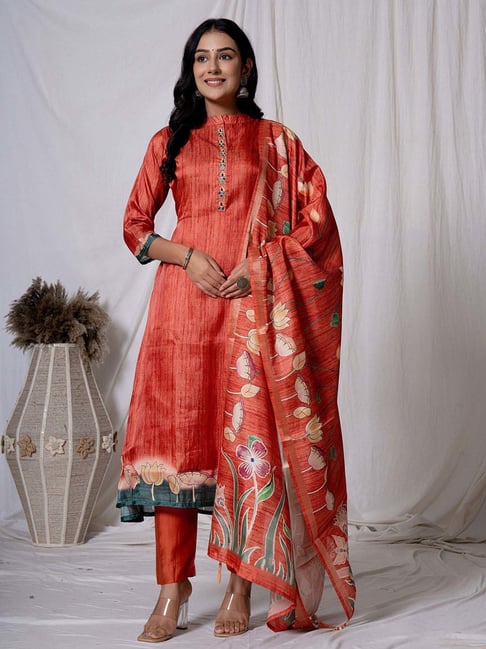 Yufta Red Woven Pattern Kurta Pant Set With Dupatta