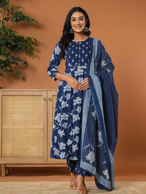Yufta Blue Cotton Printed Kurta Pant Set With Dupatta