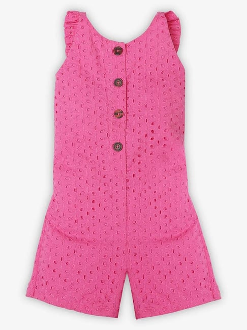 Ed-a-Mamma Girls Pink Cotton Embroidery Jumpsuit Dungaree
