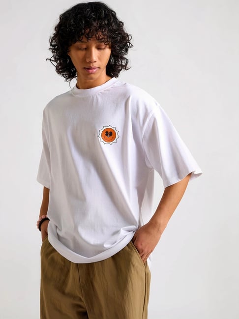 The Clothing Factory White Cotton Loose Fit Printed T-Shirt