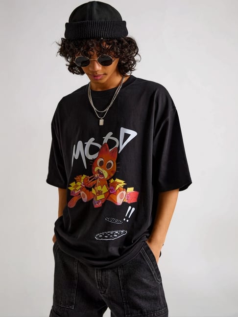 The Clothing Factory Black Cotton Loose Fit Printed T-Shirt