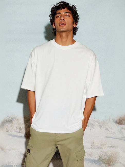 The Clothing Factory White Cotton Loose Fit Printed T-Shirt