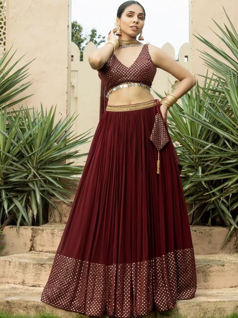 Buy AKS Aafia Maroon Blouse Lehenga Skirt With Cape for Women