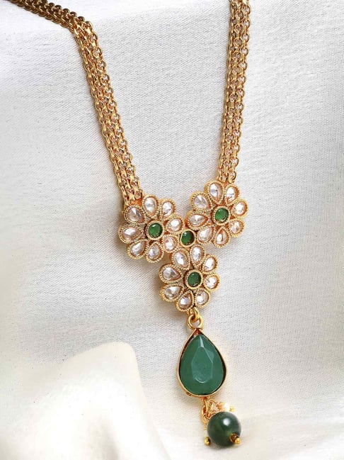 Zeneme Gold Plated Green White Stone Studded Floral Necklace-picture-44
