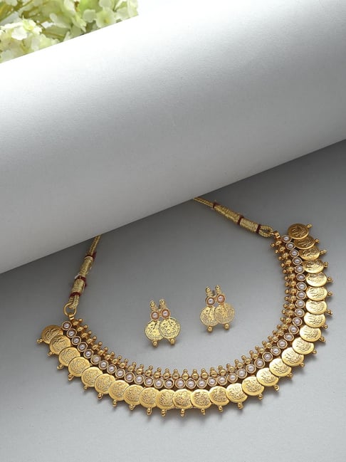 Zeneme Gold Plated Pearl Studded Intricate Textured Details Temple Jewellary Set-picture-32