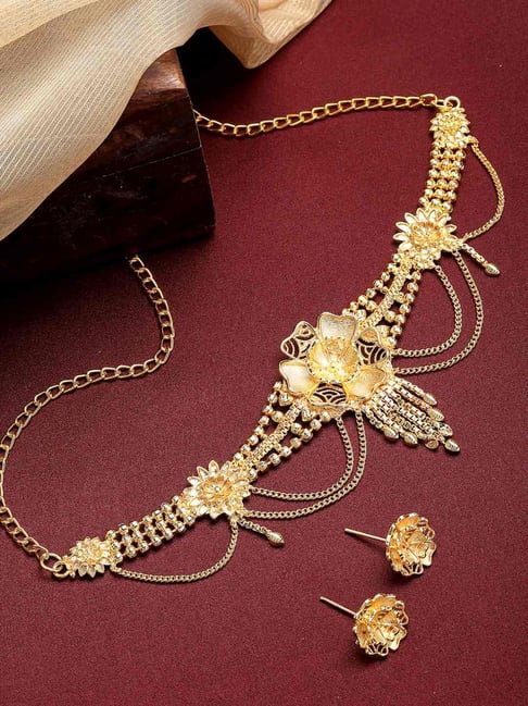 Zeneme Gold Plated Floral Intricate Textured Jewellery Set-picture-26