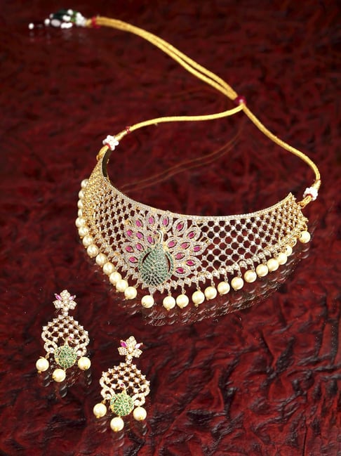 Zeneme Gold Plated Red AD Studded Jewellery Set