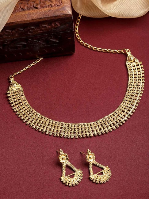Zeneme Gold Plated Textured With Intricate Detailing Necklace Set-picture-31