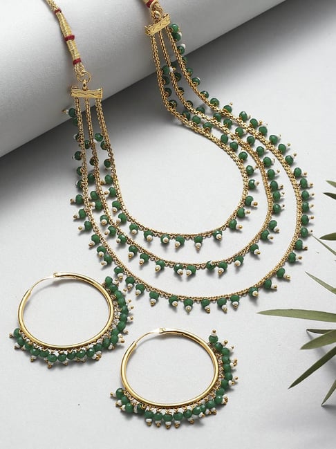 Zeneme Gold Plated Green Pearl Drop Intricate Layered Jewellery Set-picture-35
