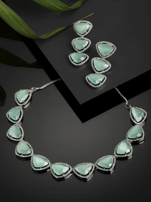 Zeneme Silver Toned Sea Green AD Studded Rhodium Plated Jewellery Set-image-14