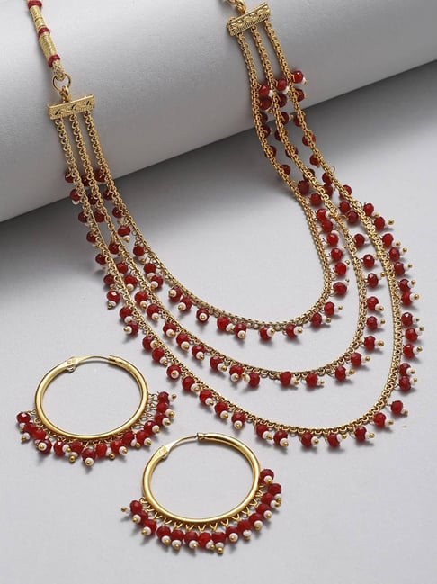 Zeneme Red Gold Plated Pearl Drop Intricate Layered Jewellery Set-picture-37