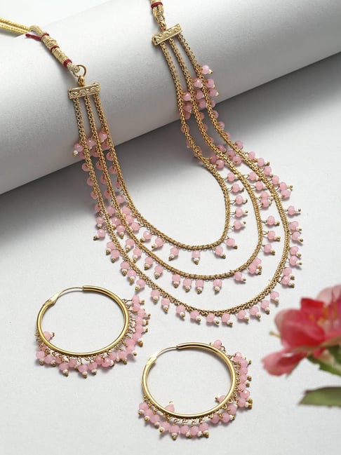 Zeneme Gold Plated Pink Pearl Drop Intricate Layered Jewellery Set-picture-34