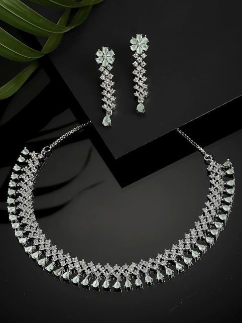 Zeneme Rhodium Plated Sea Green AD Studded Flower Design Jewellery Set-image-20