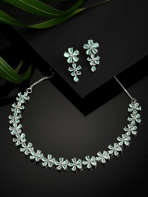 Zeneme Rhodium Plated Sea Green White AD Studded Jewellery Set-image-36