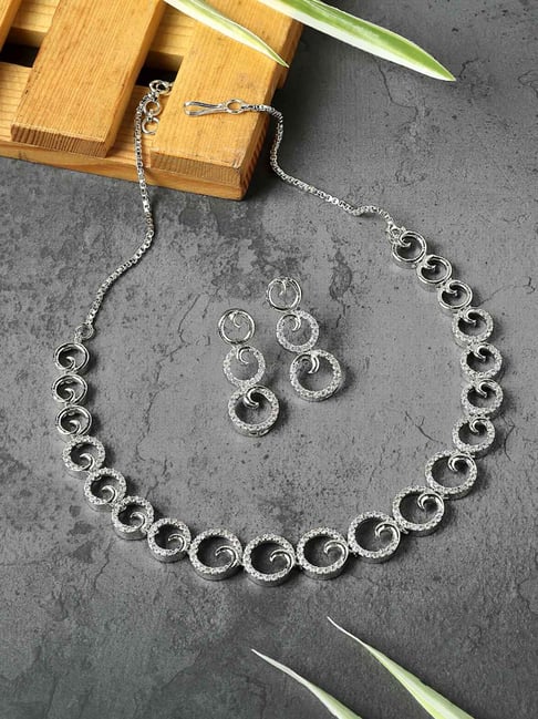 Zeneme Rhodium Plated Oblique Shaped American Diamond Studded Jewellery Set