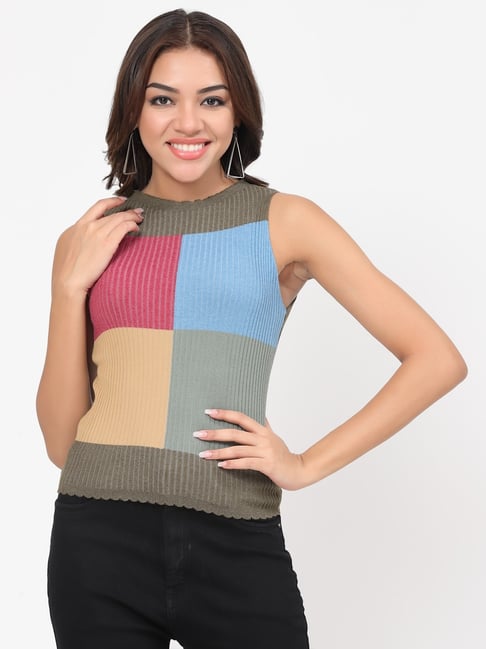 Kalt Olive Multi Self Design Top-picture-26