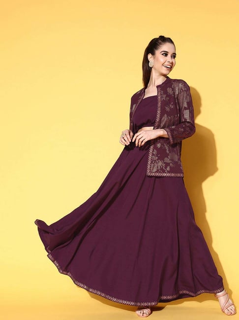 Ahalyaa Maroon Embroidered Top Skirt Set With Jacket